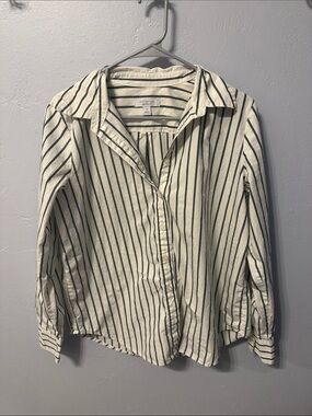 Ann Taylor Cream and Green Vertical Stripe Button-Down Shirt